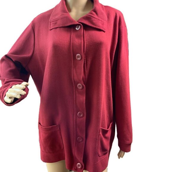 Falls Creek Red Long Sleeve Collared Pockets Button Up Casual Retro Cardigan 1X - Picture 1 of 13